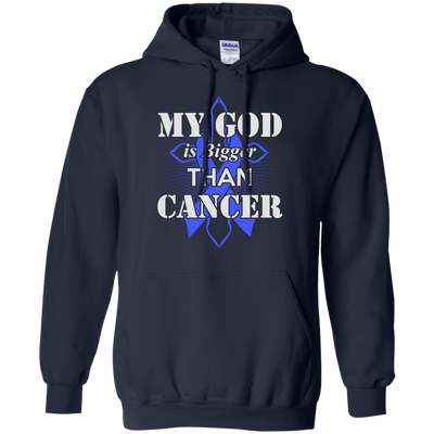 My God Is Bigger Than Cancer Blue Awareness Ribbon-T-Shirt & Hoodie-Pullover Hoodie-Navy
