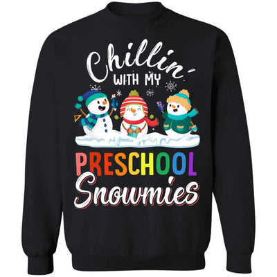 Chillin' With Preschool Snowmies Christmas Teacher Gifts-T-Shirt & Sweatshirt-Crewneck Sweatshirt-Black