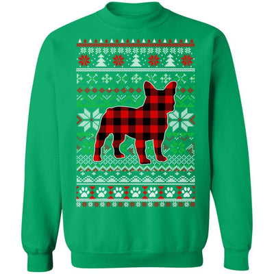 French Bulldog Red Plaid Ugly Christmas Sweater Gifts-T-Shirt & Sweatshirt-Crewneck Sweatshirt-Irish Green