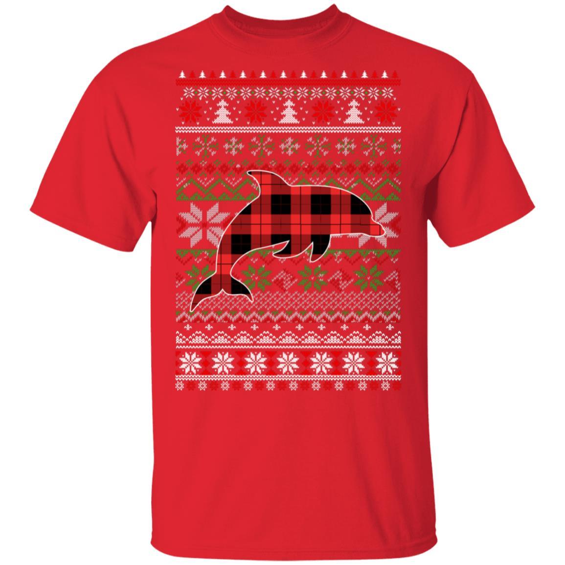 Dolphin Red Plaid Ugly Christmas Sweater Funny Gifts-T-Shirt & Sweatshirt-Classic T-Shirt-Red