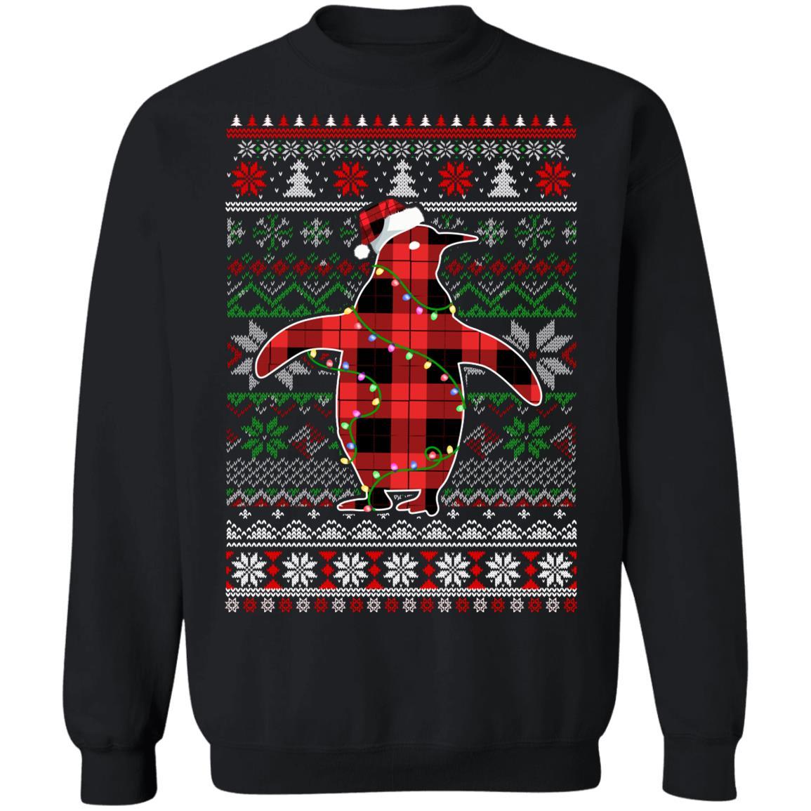 Red Plaid Buffalo Penguin Pajamas Family Christmas Sweater-T-Shirt & Sweatshirt-Crewneck Sweatshirt-Black