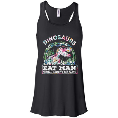 Funny Dinosaurs Eat Man Woman Inherits The Earth-T-Shirt & Tank Top-Women's Flowy Racerback Tank-Black