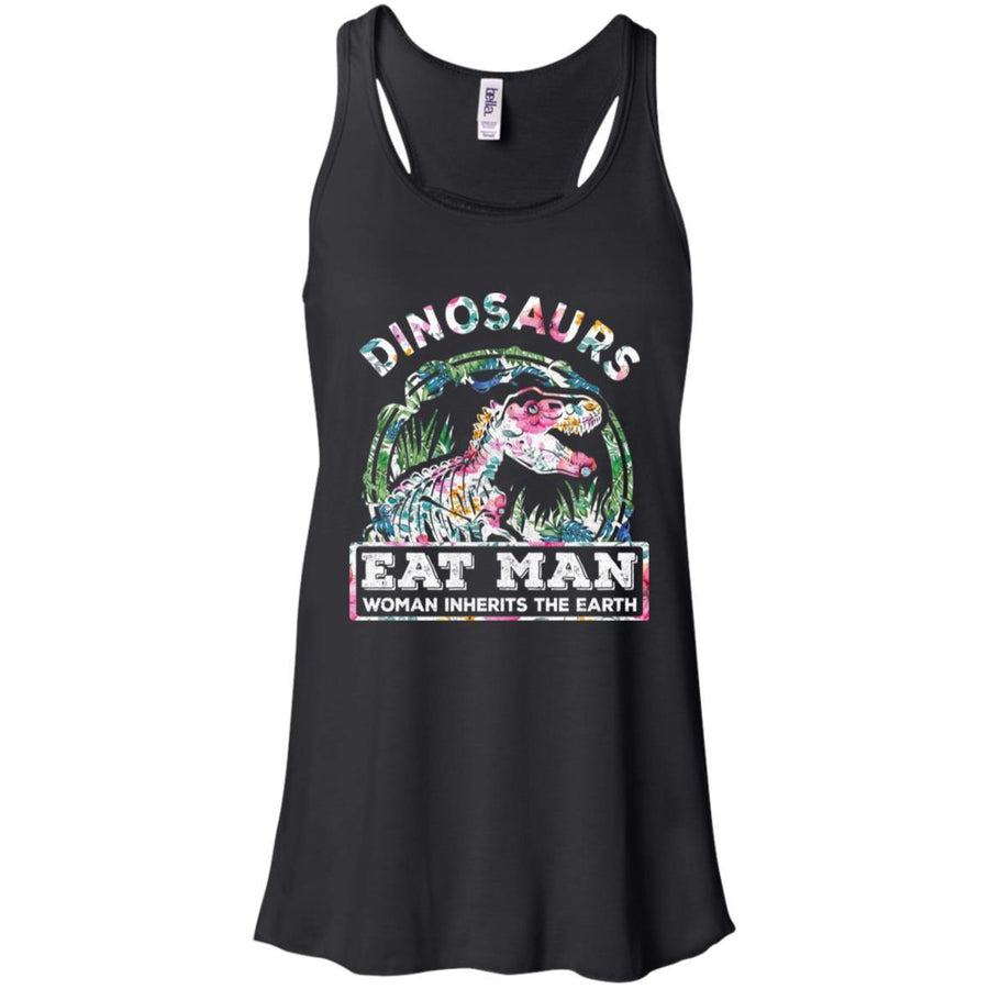 Funny Dinosaurs Eat Man Woman Inherits The Earth-T-Shirt & Tank Top-Women's Flowy Racerback Tank-Black