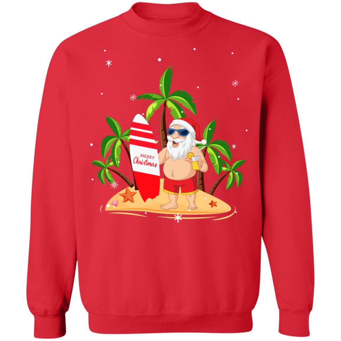 Merry Christmas In July Santa Hawaiian Surfing Summer-T-Shirt & Sweatshirt-Crewneck Sweatshirt-Red