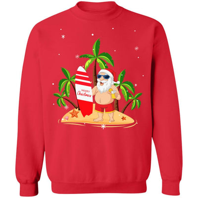Merry Christmas In July Santa Hawaiian Surfing Summer-T-Shirt & Sweatshirt-Crewneck Sweatshirt-Red