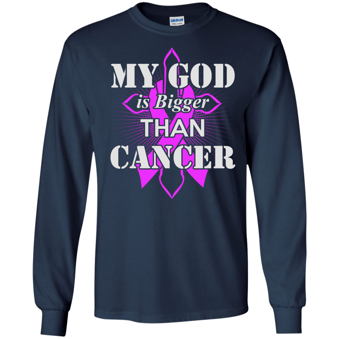 My God Is Bigger Than Cancer Purple Awareness Ribbon-T-Shirt & Hoodie-Long Sleeve T-Shirt-Navy