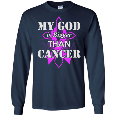 My God Is Bigger Than Cancer Purple Awareness Ribbon-T-Shirt & Hoodie-Long Sleeve T-Shirt-Navy