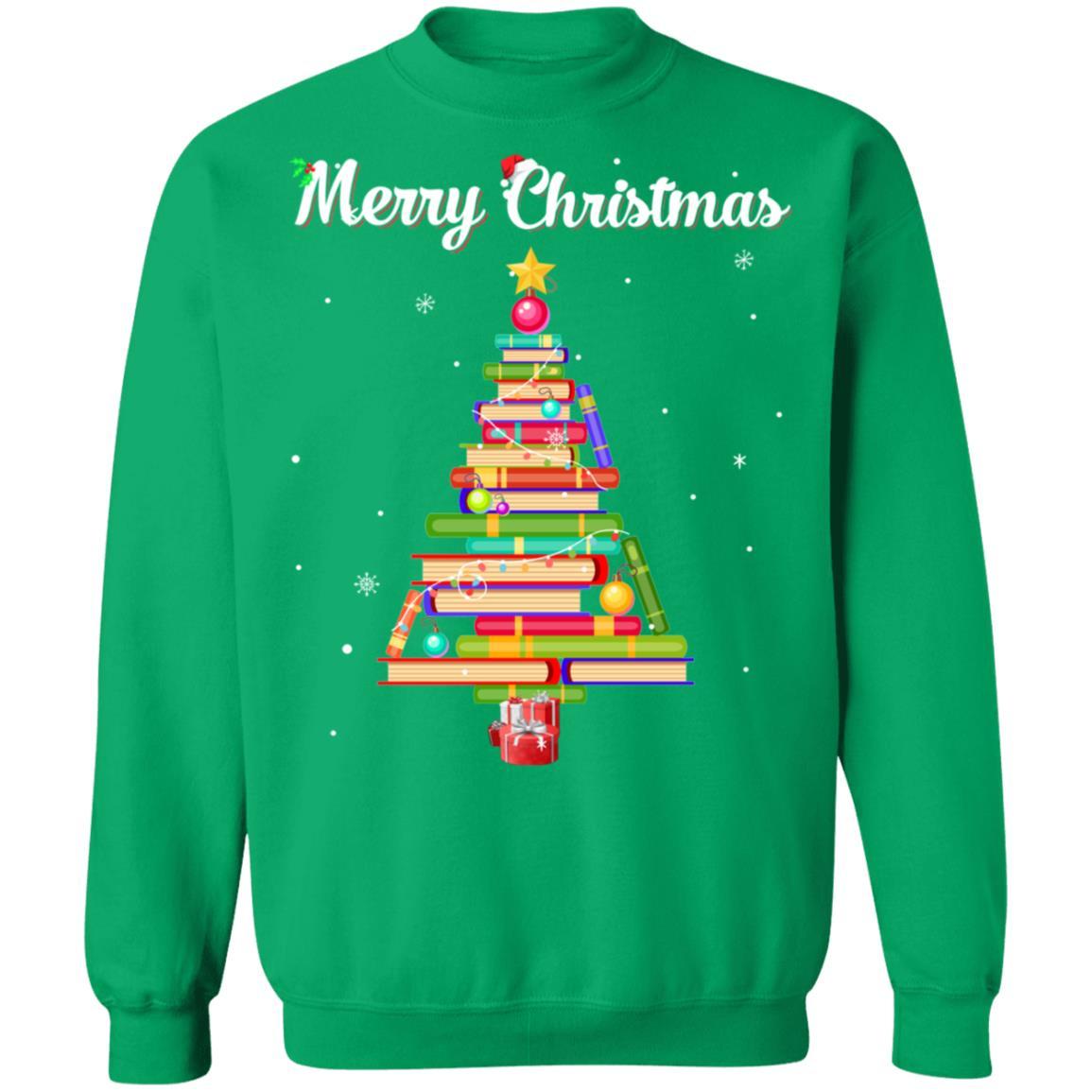 Merry Christmas Tree Love Reading Books Librarian-T-Shirt & Sweatshirt-Crewneck Sweatshirt-Irish Green