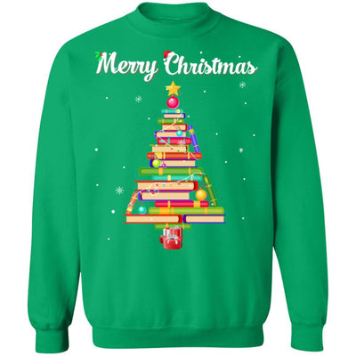 Merry Christmas Tree Love Reading Books Librarian-T-Shirt & Sweatshirt-Crewneck Sweatshirt-Irish Green