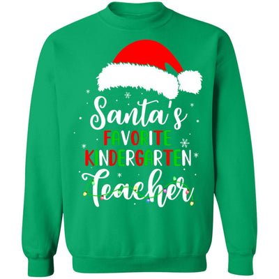 Santa's Favorite Kindergarten Teacher Santa Hat Christmas Light-T-Shirt & Sweatshirt-Crewneck Sweatshirt-Irish Green