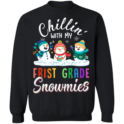 Chillin' With First Grade Snowmies Christmas Teacher Gifts-T-Shirt & Sweatshirt-Crewneck Sweatshirt-Black