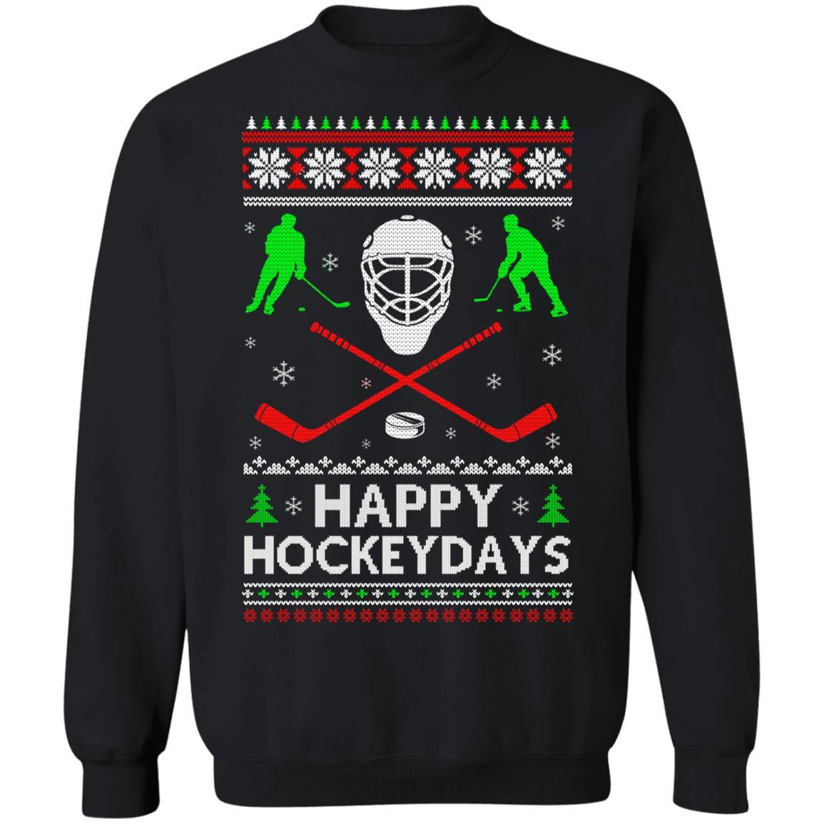 Happy Hockeydays Hockey Ugly Christmas Sweater Xmas Gift-T-Shirt & Sweatshirt-Crewneck Sweatshirt-Black