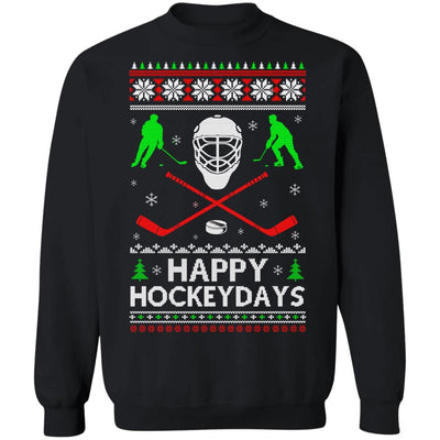 Happy Hockeydays Hockey Ugly Christmas Sweater Xmas Gift-T-Shirt & Sweatshirt-Crewneck Sweatshirt-Black