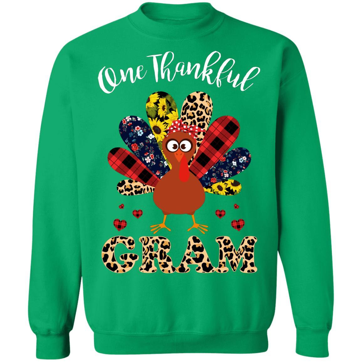One Thankful Gram Leopard Turkey Thanksgiving Gift-T-Shirt & Sweatshirt-Crewneck Sweatshirt-Irish Green