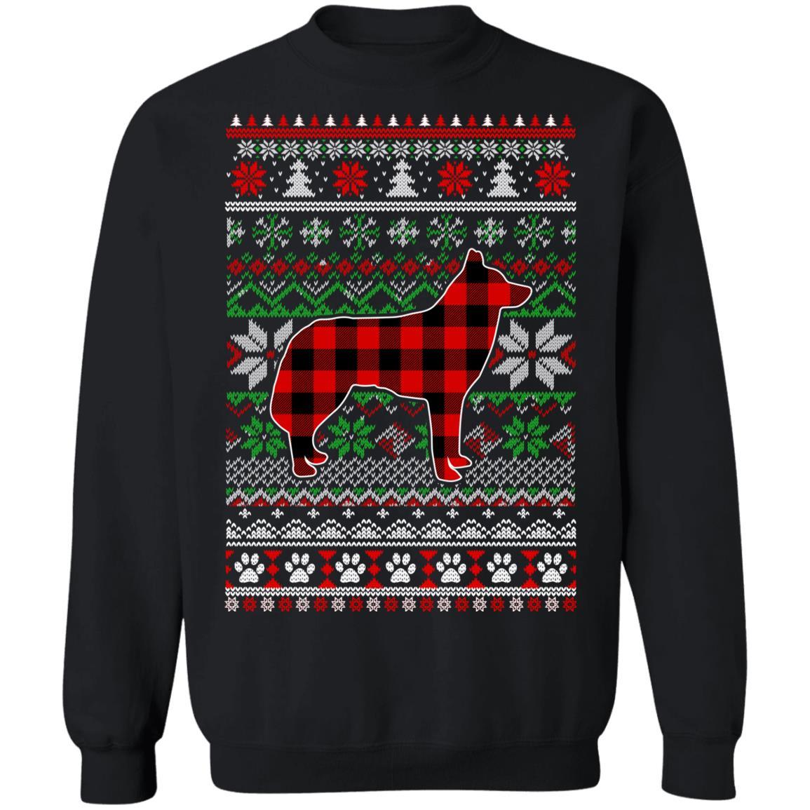 Siberian Husky Red Plaid Ugly Christmas Sweater Gifts-T-Shirt & Sweatshirt-Crewneck Sweatshirt-Black