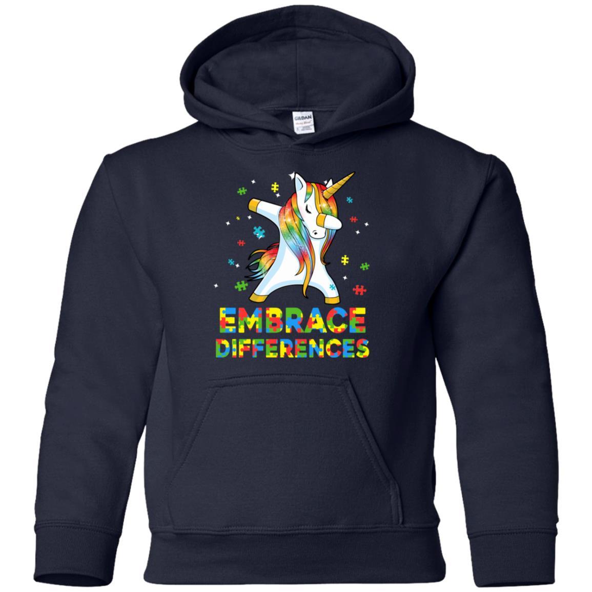 Dabbing Unicorn Autism Awareness Embrace Differences Youth-Youth Shirt-Youth Pullover Hoodie-Navy