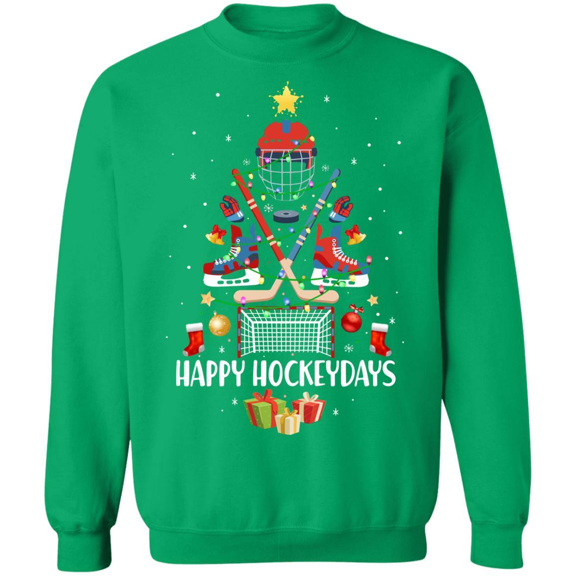 Happy Hockeydays Ice Hockey Christmas Tree Funny Xmas Gift-T-Shirt & Sweatshirt-Crewneck Sweatshirt-Irish Green