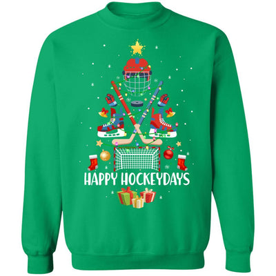 Happy Hockeydays Ice Hockey Christmas Tree Funny Xmas Gift-T-Shirt & Sweatshirt-Crewneck Sweatshirt-Irish Green