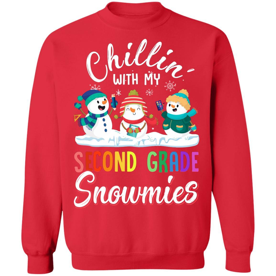 Chillin' With Second Grade Snowmies Christmas Teacher Gifts-T-Shirt & Sweatshirt-Crewneck Sweatshirt-Red