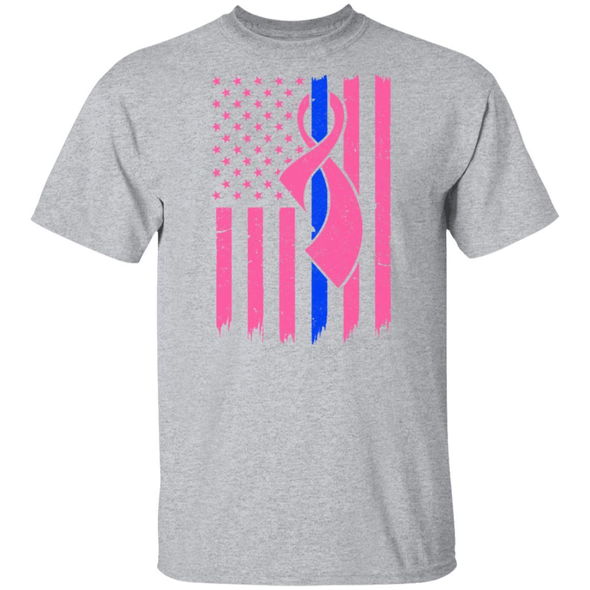 Blue Line Police US Flag Pink Ribbon Breast Cancer Awareness-T-Shirt & Hoodie-Classic T-Shirt-Sport Grey