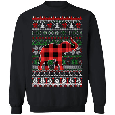 Elephant Red Plaid Ugly Christmas Sweater Funny Gifts-T-Shirt & Sweatshirt-Crewneck Sweatshirt-Black