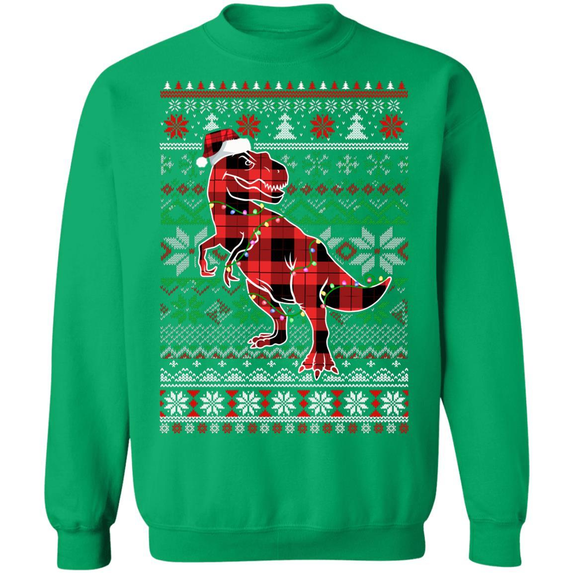 Red Plaid Buffalo T Rex Dinosaur Pajamas Christmas Sweater-T-Shirt & Sweatshirt-Crewneck Sweatshirt-Irish Green