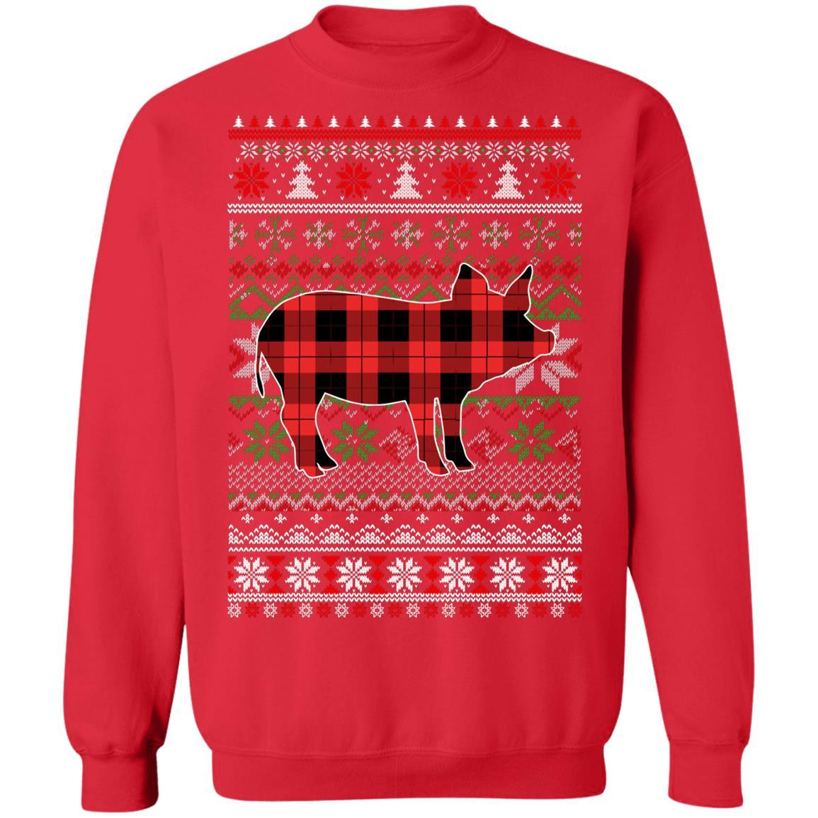 Pig Red Plaid Ugly Christmas Sweater Funny Gifts-T-Shirt & Sweatshirt-Crewneck Sweatshirt-Red