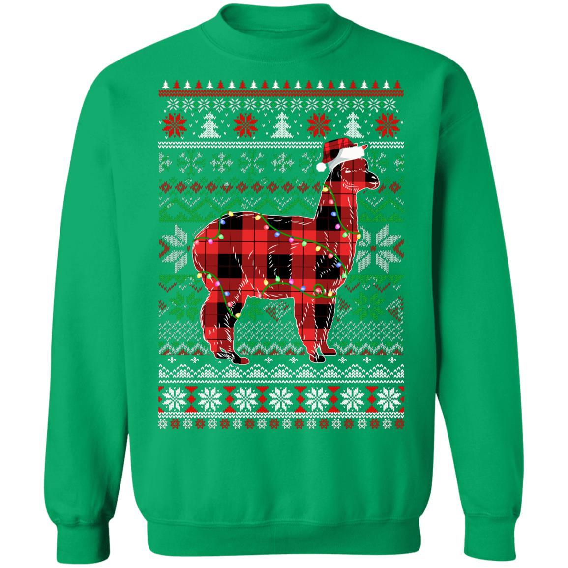 Red Plaid Buffalo Llama Pajamas Family Christmas Sweater-T-Shirt & Sweatshirt-Crewneck Sweatshirt-Irish Green