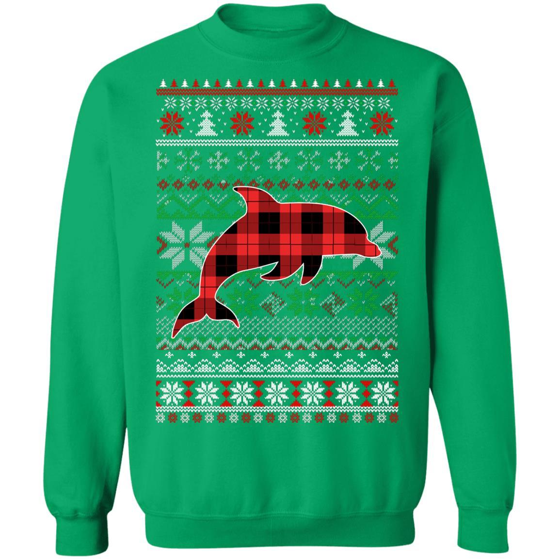 Dolphin Red Plaid Ugly Christmas Sweater Funny Gifts-T-Shirt & Sweatshirt-Crewneck Sweatshirt-Irish Green