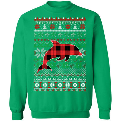 Dolphin Red Plaid Ugly Christmas Sweater Funny Gifts-T-Shirt & Sweatshirt-Crewneck Sweatshirt-Irish Green