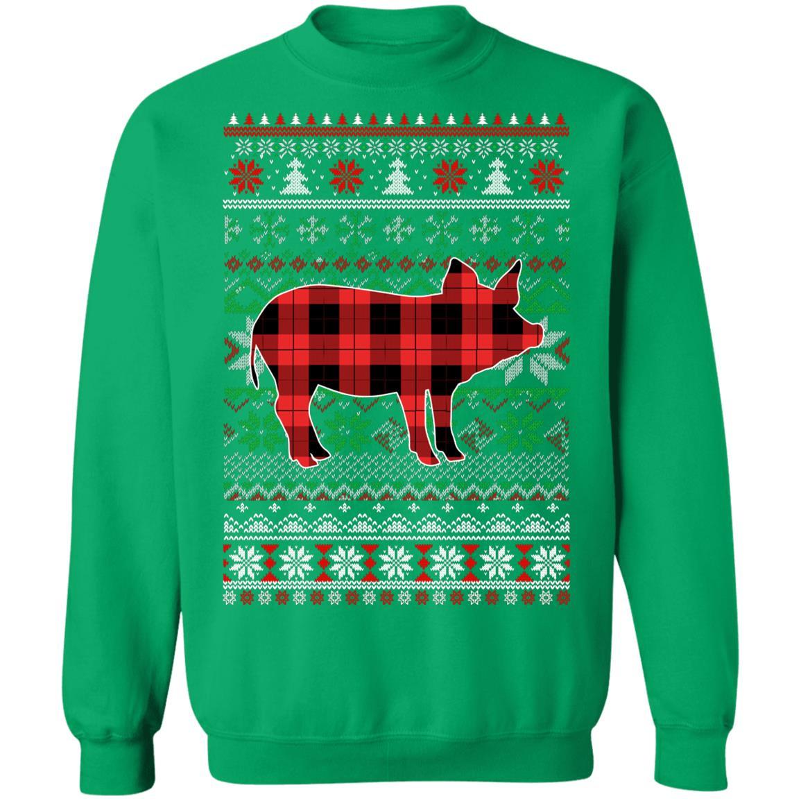 Pig Red Plaid Ugly Christmas Sweater Funny Gifts-T-Shirt & Sweatshirt-Crewneck Sweatshirt-Irish Green