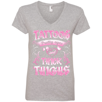 Tattoos Pretty Eyes And Thick Thighs-T-Shirt & Tank Top-Ladies' V-Neck Tee-Heather Grey