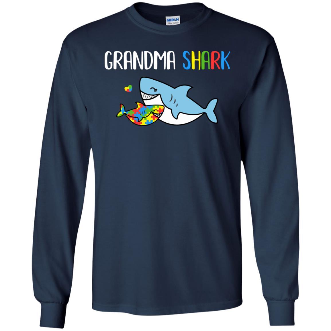 Grandma Shark Support Autism Awareness For Grandchild-T-Shirt & Hoodie-Long Sleeve T-Shirt-Navy