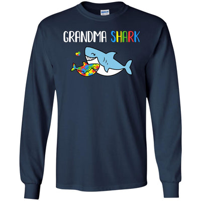 Grandma Shark Support Autism Awareness For Grandchild-T-Shirt & Hoodie-Long Sleeve T-Shirt-Navy