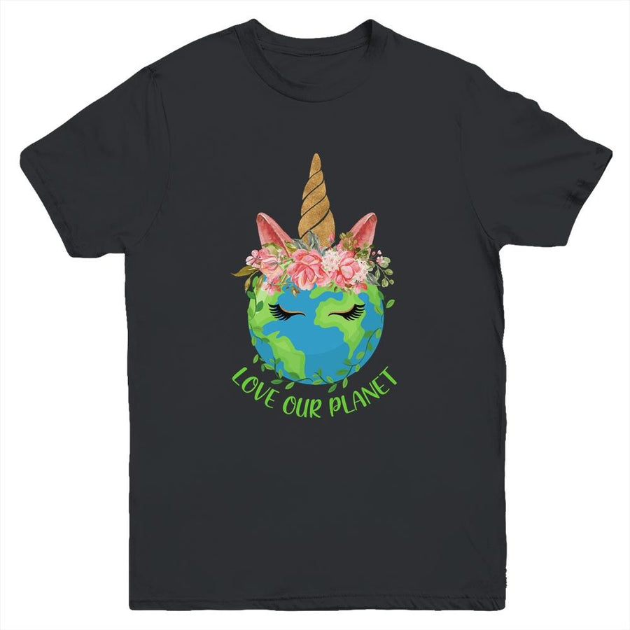 Earth Day Love Our Planet Cute Unicorn Youth-Youth Shirt-Youth T-Shirt-Black