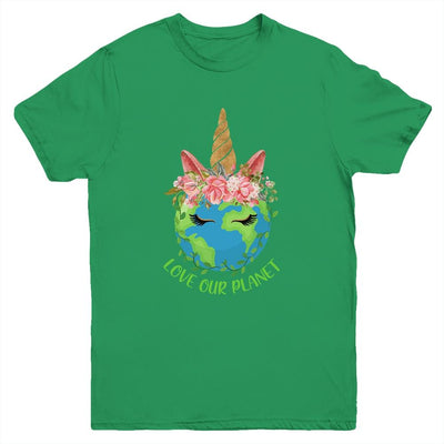 Earth Day Love Our Planet Cute Unicorn Youth-Youth Shirt-Youth T-Shirt-Irish Green