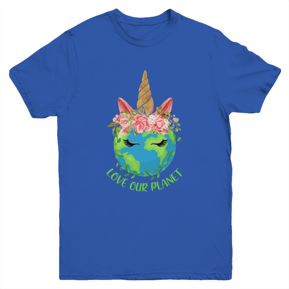 Earth Day Love Our Planet Cute Unicorn Youth-Youth Shirt-Youth T-Shirt-Royal