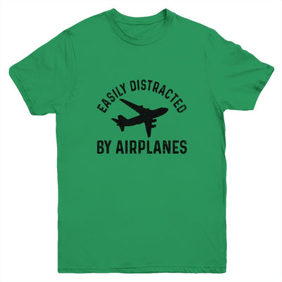 Easily Distracted By Airplanes Funny Pilot Flying Youth-Youth Shirt-Youth T-Shirt-Irish Green
