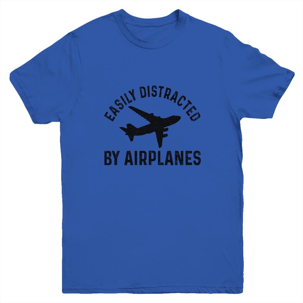 Easily Distracted By Airplanes Funny Pilot Flying Youth-Youth Shirt-Youth T-Shirt-Royal