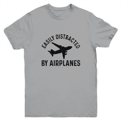 Easily Distracted By Airplanes Funny Pilot Flying Youth-Youth Shirt-Youth T-Shirt-Sport Grey