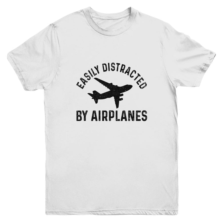 Easily Distracted By Airplanes Funny Pilot Flying Youth-Youth Shirt-Youth T-Shirt-White