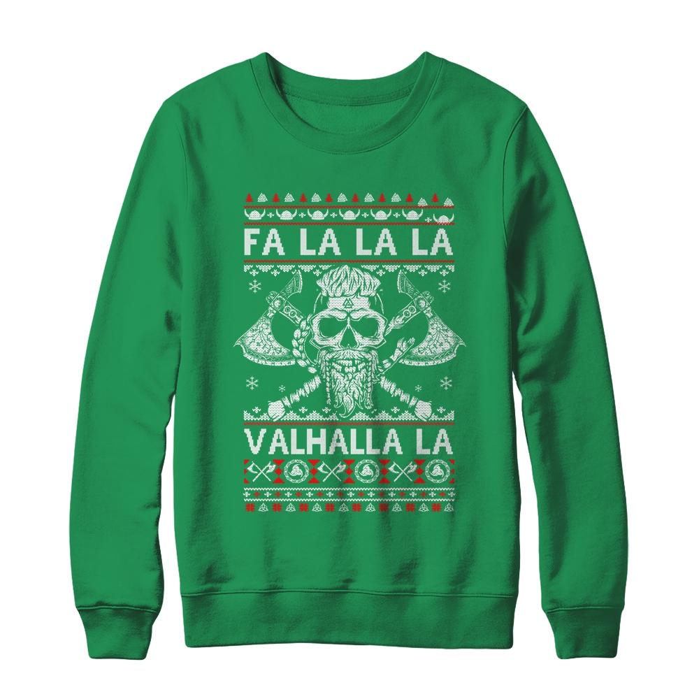 Fa La La Valhalla Viking Skull Christmas Ugly Sweater-T-Shirt & Sweatshirt-Crewneck Sweatshirt-Irish Green