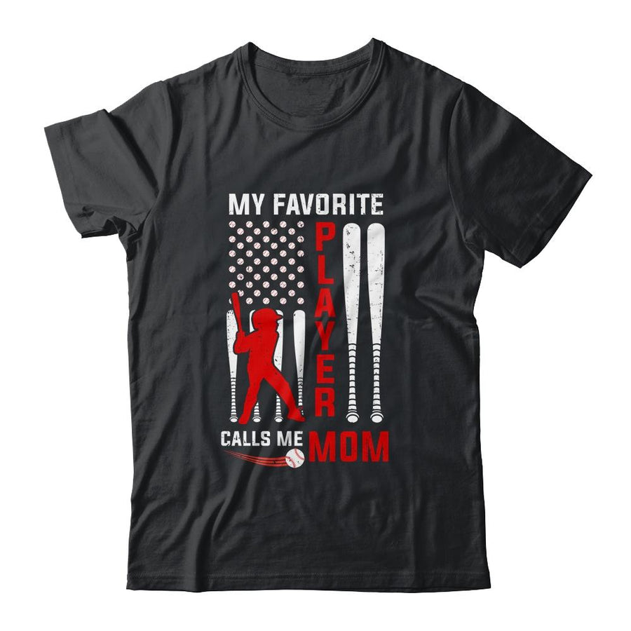 Favorite Tee Ball Player Calls Me Mom USA Flag Mother's Day-T-Shirt & Hoodie-Classic T-Shirt-Black