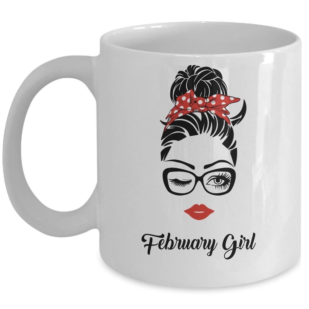 February Girl Woman Face Wink Eyes Lady Face Birthday Gift Mug-Coffee Mug-Mug-White