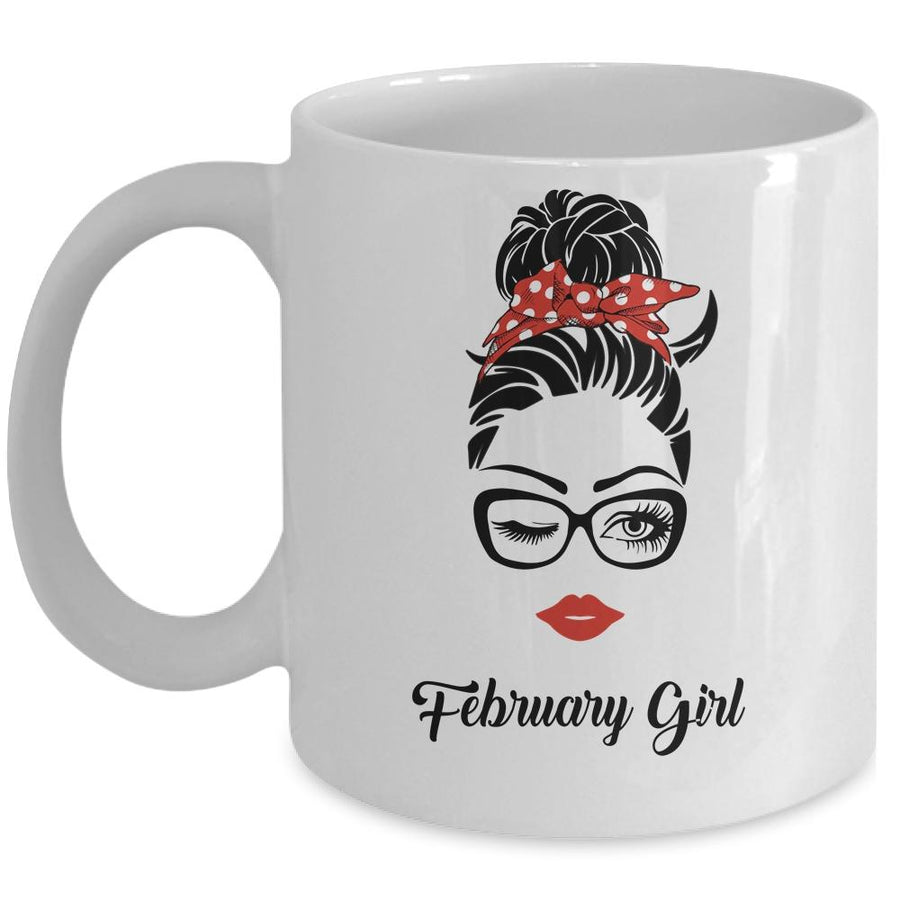 February Girl Woman Face Wink Eyes Lady Face Birthday Gift Mug-Coffee Mug-Mug-White