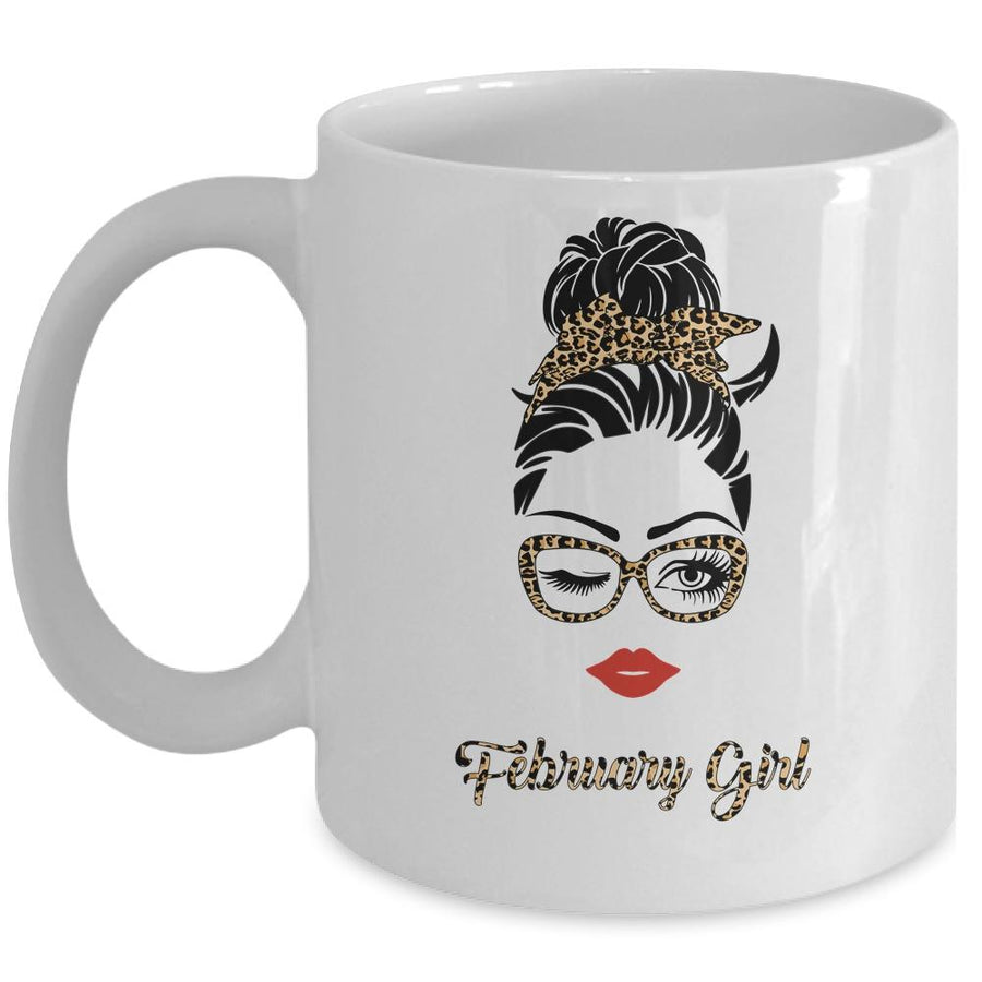 February Girl Woman Lips Eyes Lady Leopard Birthday Gift Mug-Coffee Mug-Mug-White