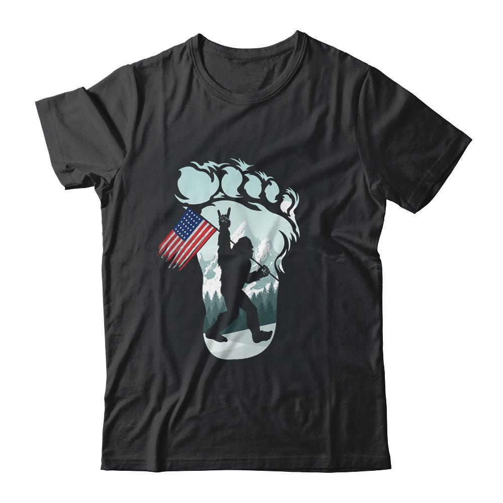 Funny Bigfoot Rock And Roll USA Flag For Believers-T-Shirt & Hoodie-Classic T-Shirt-Black
