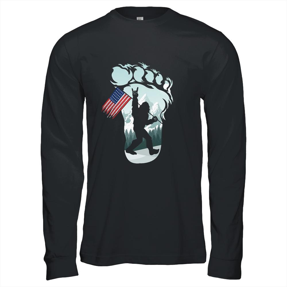 Funny Bigfoot Rock And Roll USA Flag For Believers-T-Shirt & Hoodie-Long Sleeve T-Shirt-Black