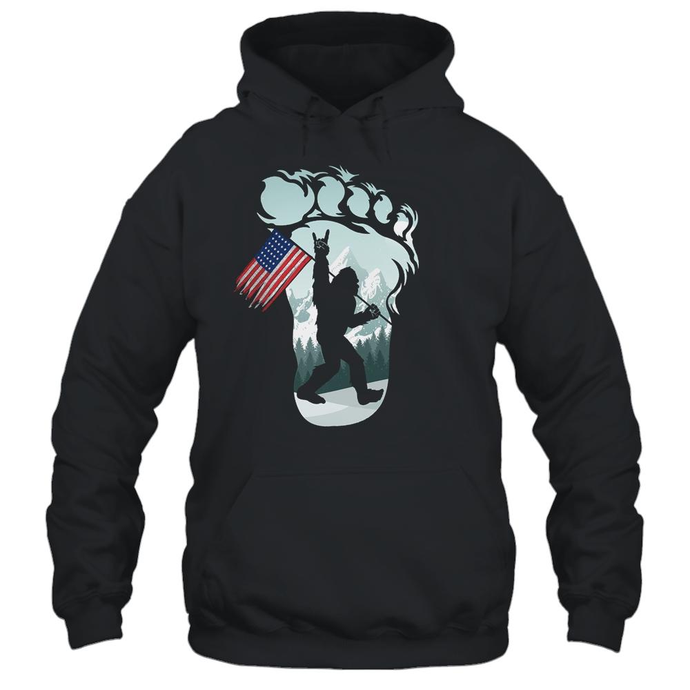 Funny Bigfoot Rock And Roll USA Flag For Believers-T-Shirt & Hoodie-Pullover Hoodie-Black
