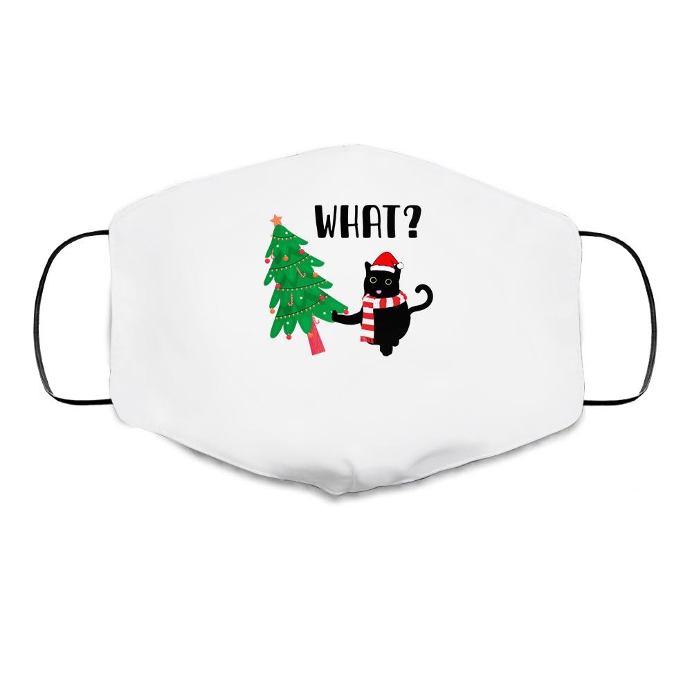 Funny Black Cat Gift Pushing Christmas Tree Over Cat What? Cloth Face Mask-Cloth Face Mask-Cloth Face Mask-White